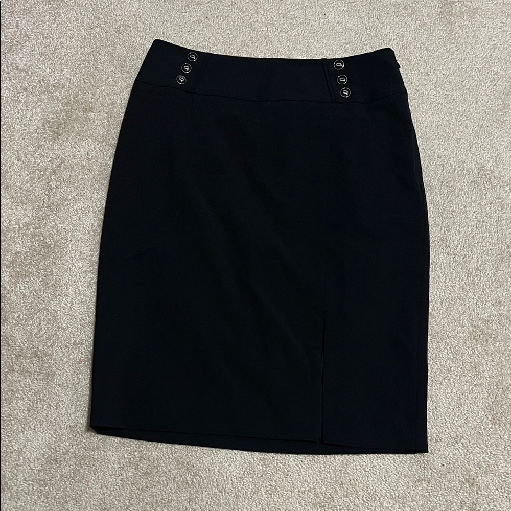 Sleek Black Pencil Skirt with Waist Button Detail